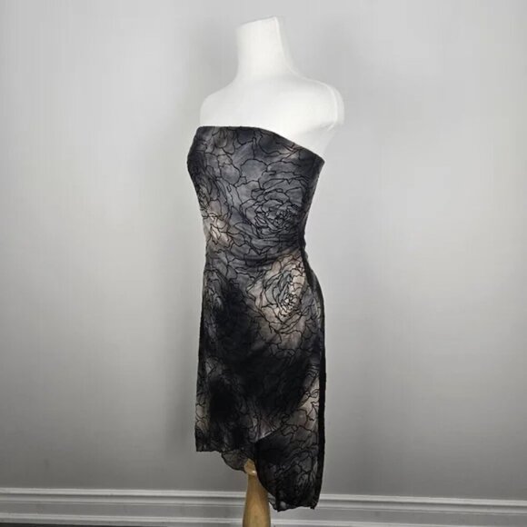 Le Chateau Multicolor Bandeau Strapless Midi Dress With Sheer Floral Overlay Med - Picture 7 of 17